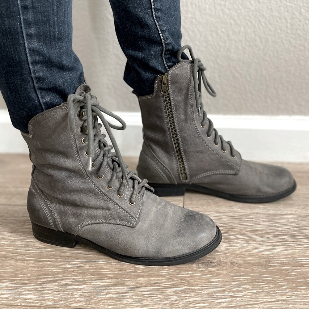 Jeffrey Campbell Distressed Grey Leather Lace Up Boots